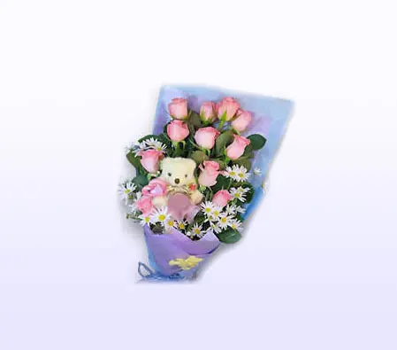Pink Roses Bouquet And Mini Plush Teddy