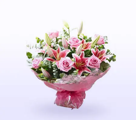 Pink Rose and Lily Hand tied Bouquet