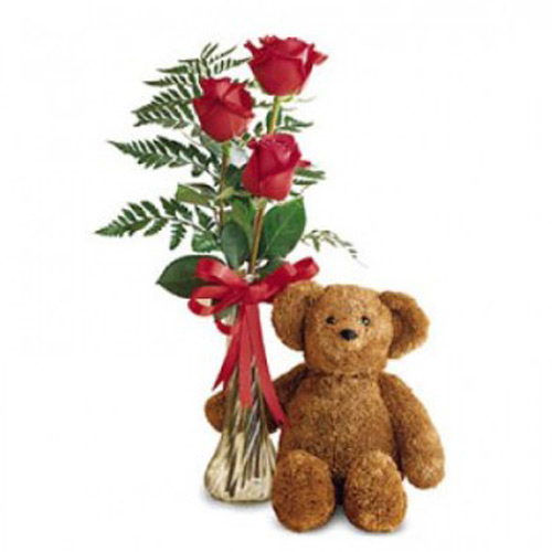  3 Red Roses and Teddy