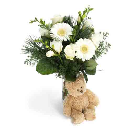 White Flowers With Teddy Bear
